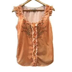 Luv Stori Top Womens Large Orange White Green Embroidered